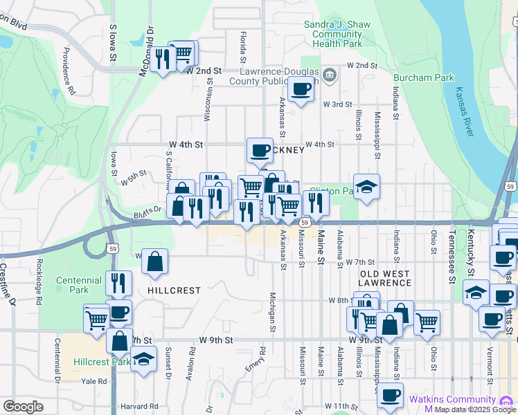 map of restaurants, bars, coffee shops, grocery stores, and more near 541 Michigan Street in Lawrence