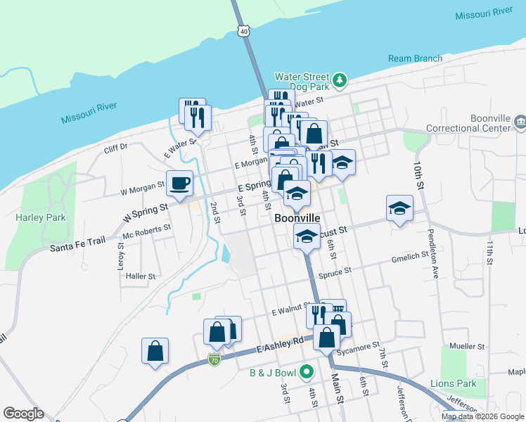 map of restaurants, bars, coffee shops, grocery stores, and more near 412-498 4th Street in Boonville