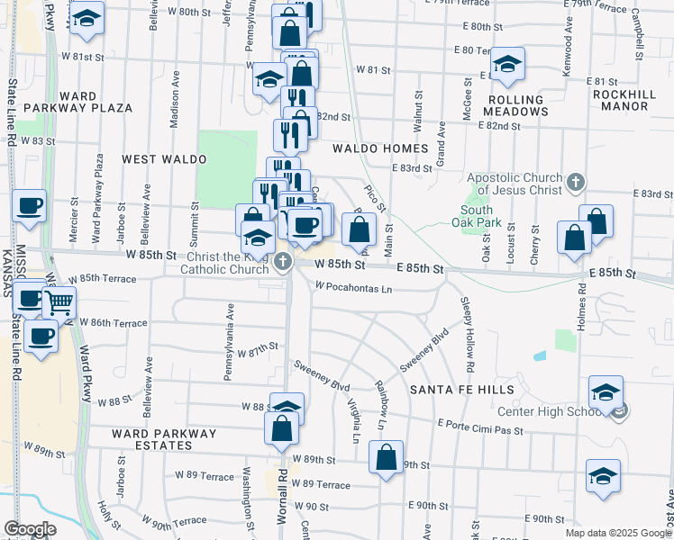 map of restaurants, bars, coffee shops, grocery stores, and more near 207 West 84th Terrace in Kansas City