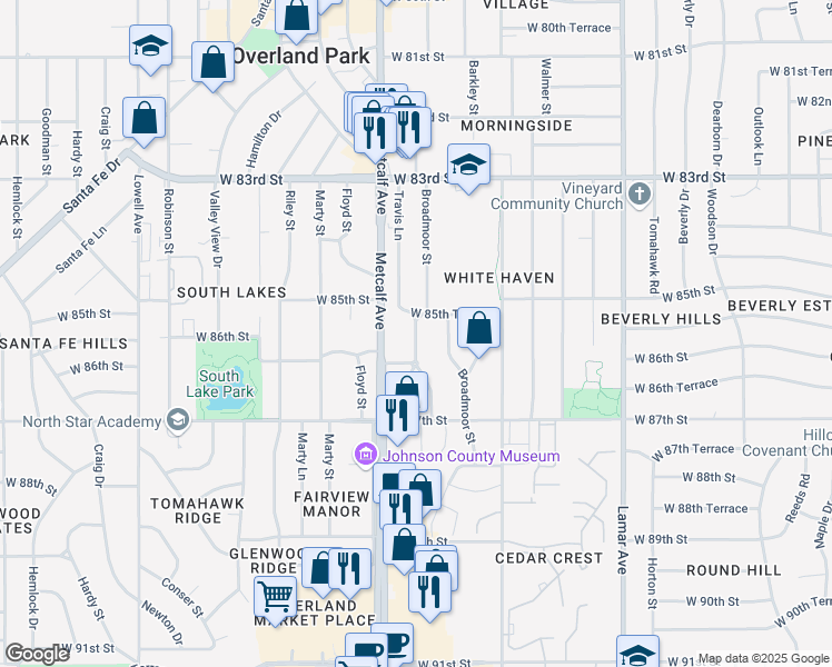 map of restaurants, bars, coffee shops, grocery stores, and more near 6900 West 85th Terrace in Overland Park