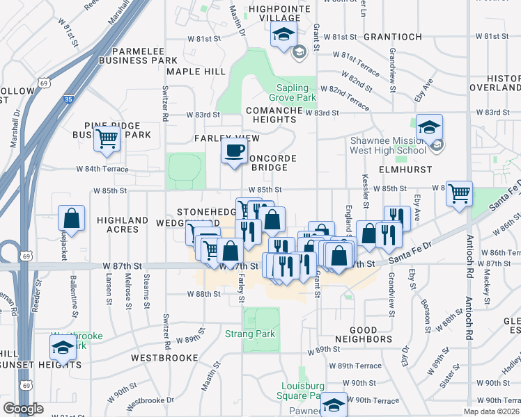 map of restaurants, bars, coffee shops, grocery stores, and more near 9809 West 85th Street in Overland Park