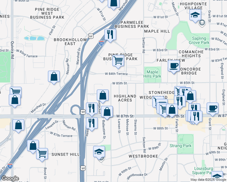 map of restaurants, bars, coffee shops, grocery stores, and more near 8515 Bluejacket Street in Overland Park