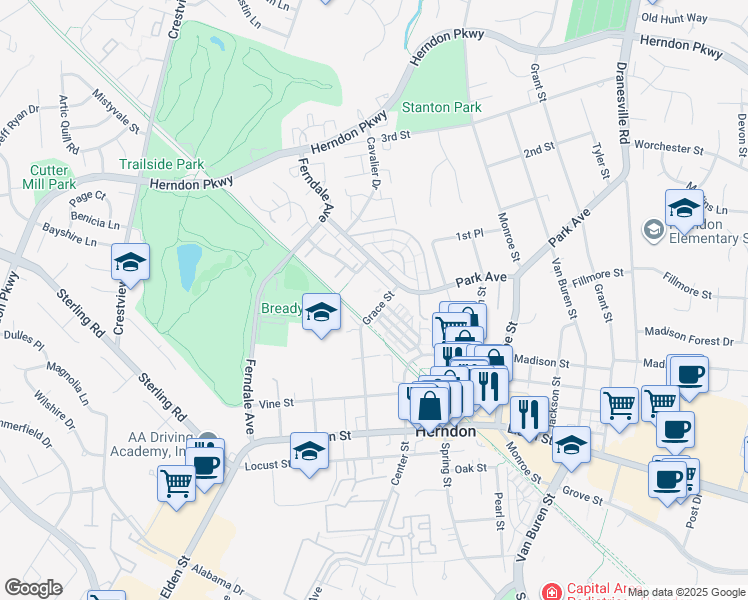 map of restaurants, bars, coffee shops, grocery stores, and more near 873 Grace Street in Herndon
