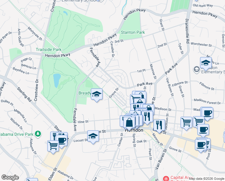 map of restaurants, bars, coffee shops, grocery stores, and more near 873 Grace Street in Herndon