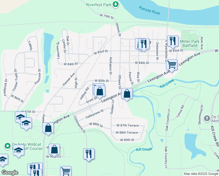 map of restaurants, bars, coffee shops, grocery stores, and more near 33525 West 85th Street in De Soto