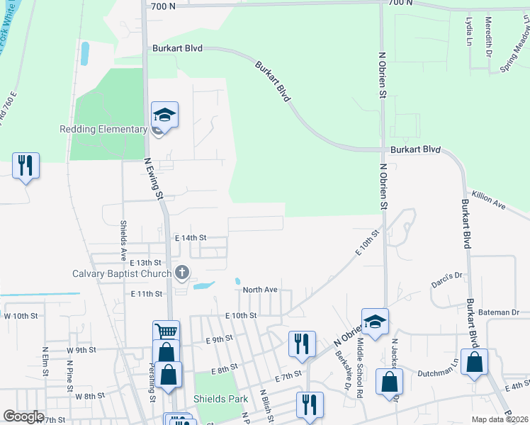 map of restaurants, bars, coffee shops, grocery stores, and more near 637 East 15th Street in Seymour