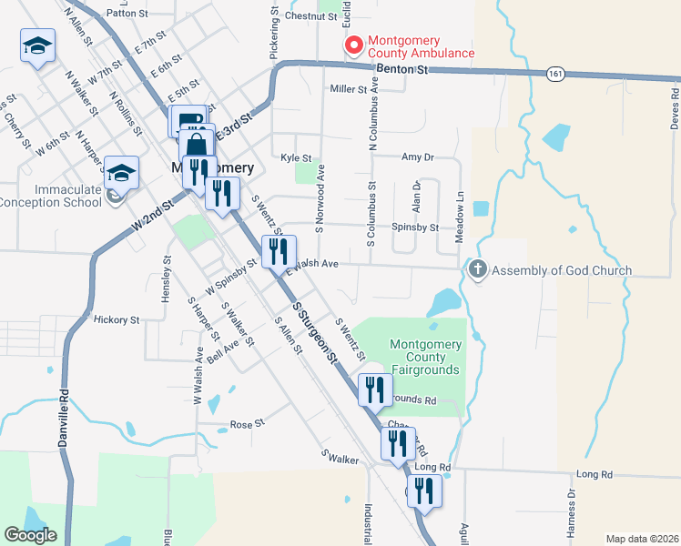 map of restaurants, bars, coffee shops, grocery stores, and more near 327 East Walsh Avenue in Montgomery City