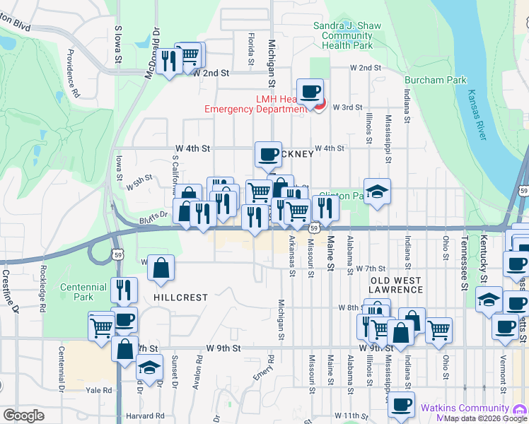 map of restaurants, bars, coffee shops, grocery stores, and more near 525 Michigan Street in Lawrence