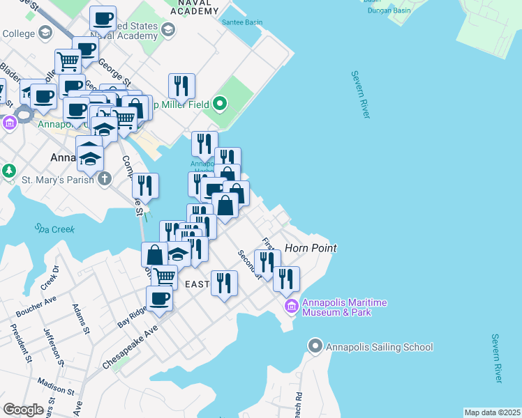 map of restaurants, bars, coffee shops, grocery stores, and more near Severn Court in Annapolis