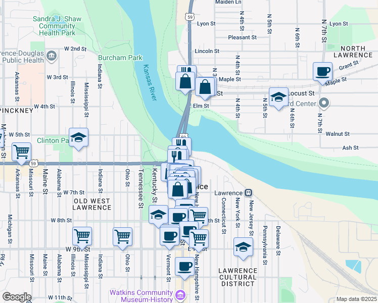 map of restaurants, bars, coffee shops, grocery stores, and more near Massachusetts Street in Lawrence