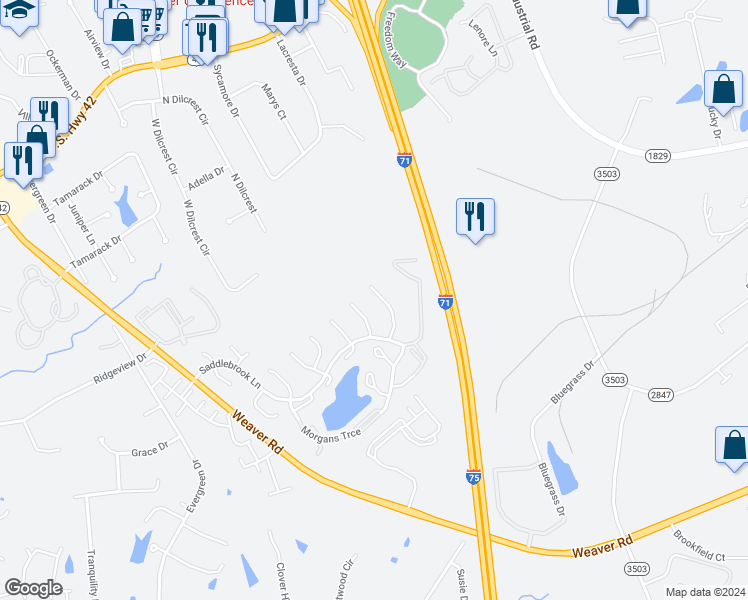 map of restaurants, bars, coffee shops, grocery stores, and more near 137 Hitching Post Place in Florence