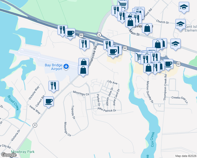 map of restaurants, bars, coffee shops, grocery stores, and more near 124 Sophie Lane in Stevensville