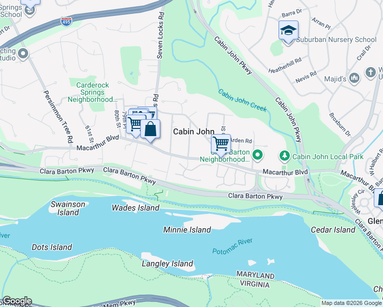 map of restaurants, bars, coffee shops, grocery stores, and more near 7687 Macarthur Boulevard Northwest in Cabin John