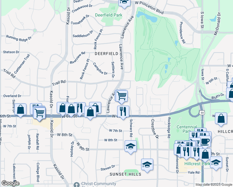 map of restaurants, bars, coffee shops, grocery stores, and more near 513 Lawrence Avenue in Lawrence