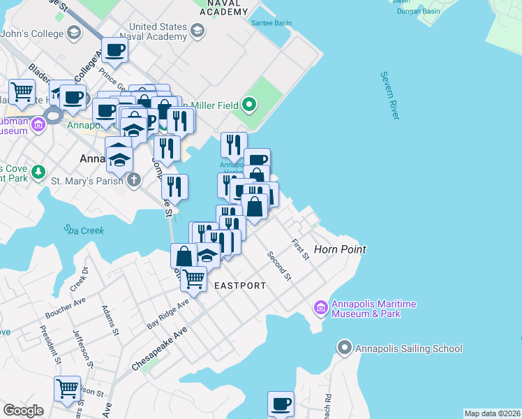 map of restaurants, bars, coffee shops, grocery stores, and more near 100 Severn Avenue in Annapolis