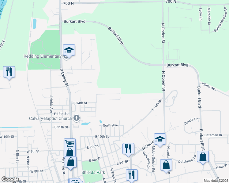 map of restaurants, bars, coffee shops, grocery stores, and more near 637 East 15th Street in Seymour