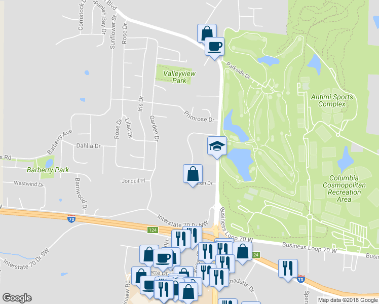 map of restaurants, bars, coffee shops, grocery stores, and more near 1807 Timber Creek Drive in Columbia