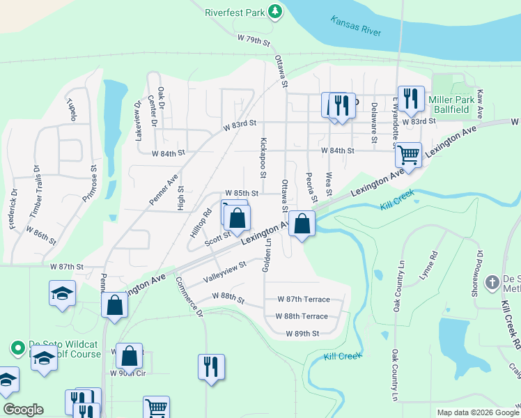 map of restaurants, bars, coffee shops, grocery stores, and more near 33525 West 85th Street in De Soto