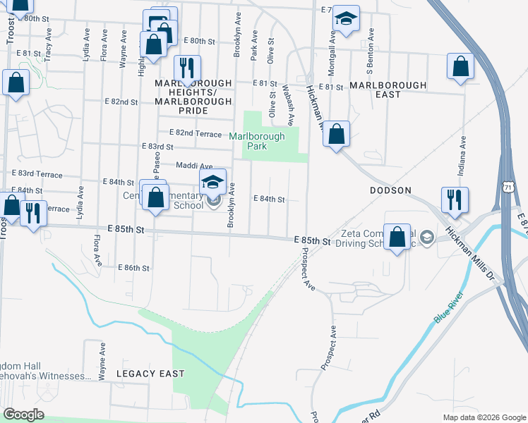 map of restaurants, bars, coffee shops, grocery stores, and more near 8401 Olive Street in Kansas City