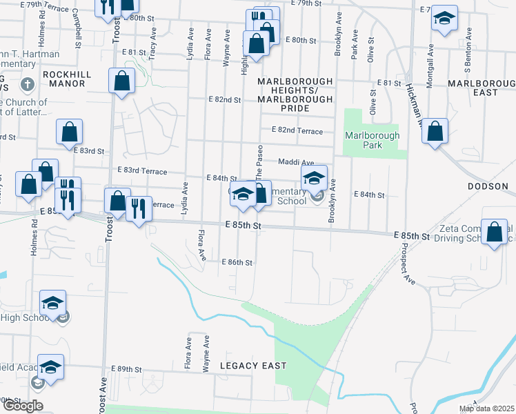 map of restaurants, bars, coffee shops, grocery stores, and more near 8414 The Paseo in Kansas City