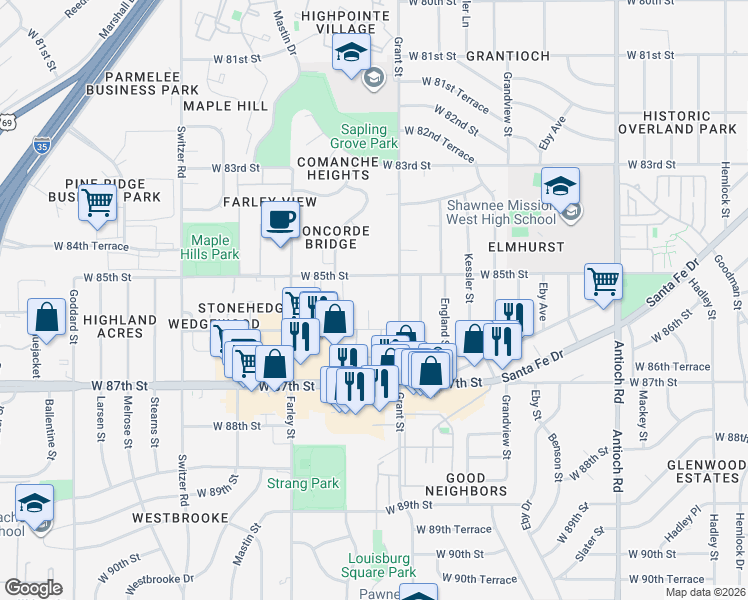 map of restaurants, bars, coffee shops, grocery stores, and more near 9505 West 85th Street in Overland Park