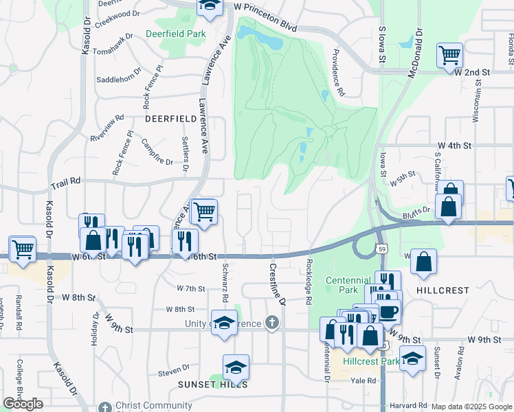 map of restaurants, bars, coffee shops, grocery stores, and more near 400-528 Graystone Drive in Lawrence