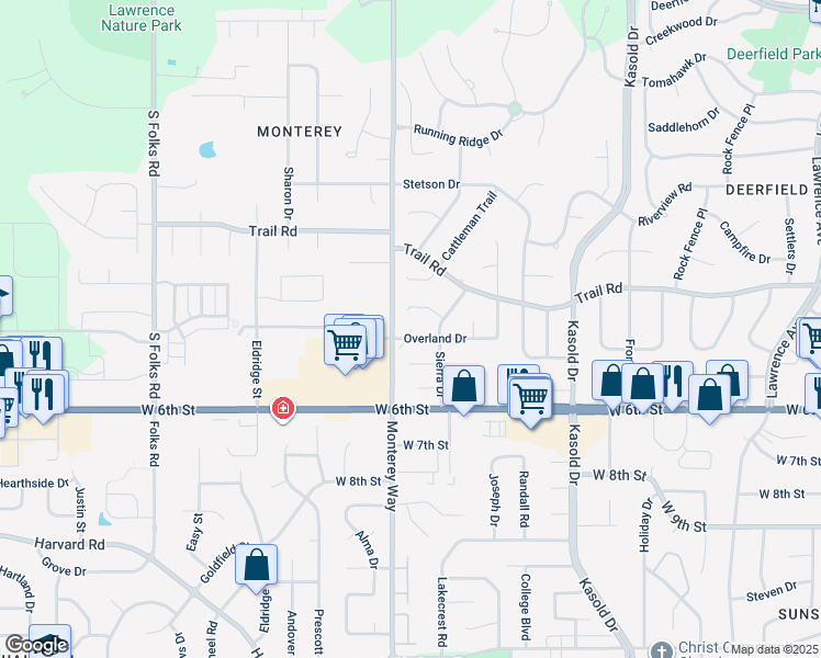 map of restaurants, bars, coffee shops, grocery stores, and more near 3809 Sierra Court in Lawrence