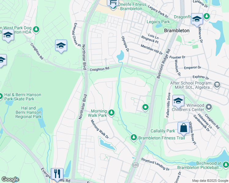 map of restaurants, bars, coffee shops, grocery stores, and more near 23240 Morning Walk Drive in Ashburn