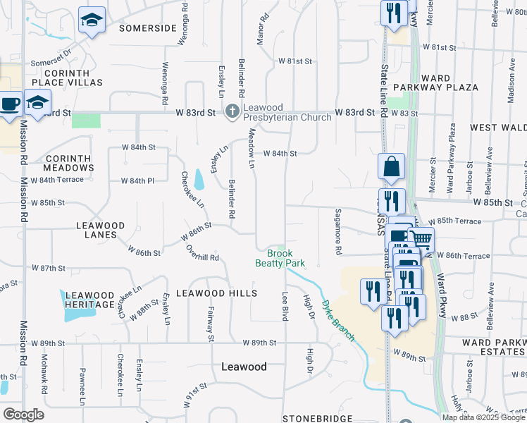 map of restaurants, bars, coffee shops, grocery stores, and more near 8433 Meadow Lane in Leawood