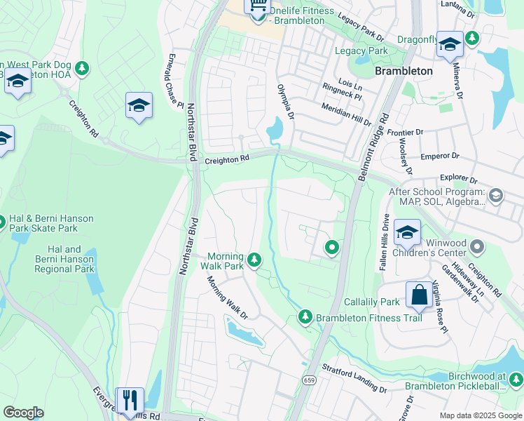 map of restaurants, bars, coffee shops, grocery stores, and more near 23240 Morning Walk Drive in Ashburn