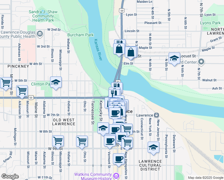 map of restaurants, bars, coffee shops, grocery stores, and more near South Powerhouse Road in Lawrence