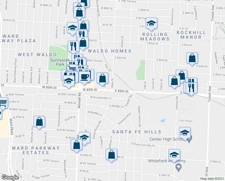 map of restaurants, bars, coffee shops, grocery stores, and more near Main Street in Kansas City