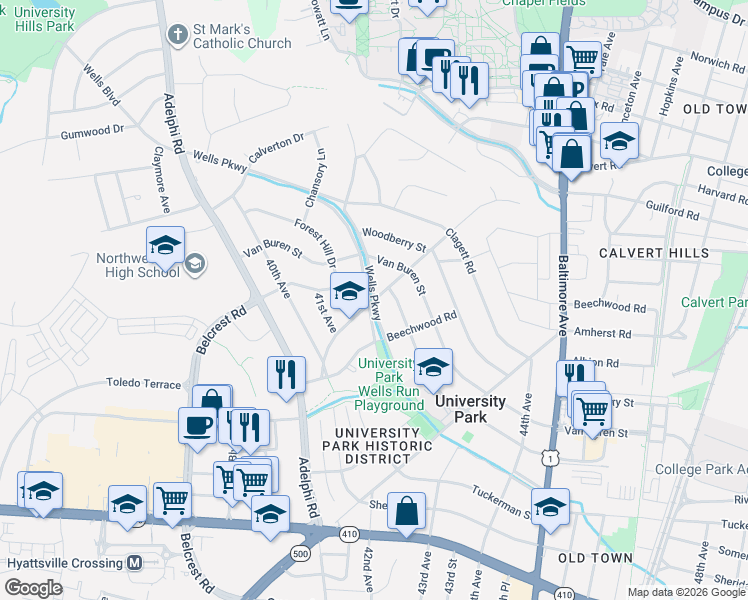 map of restaurants, bars, coffee shops, grocery stores, and more near Wells Pkwy E & College Heights Dr in University Park