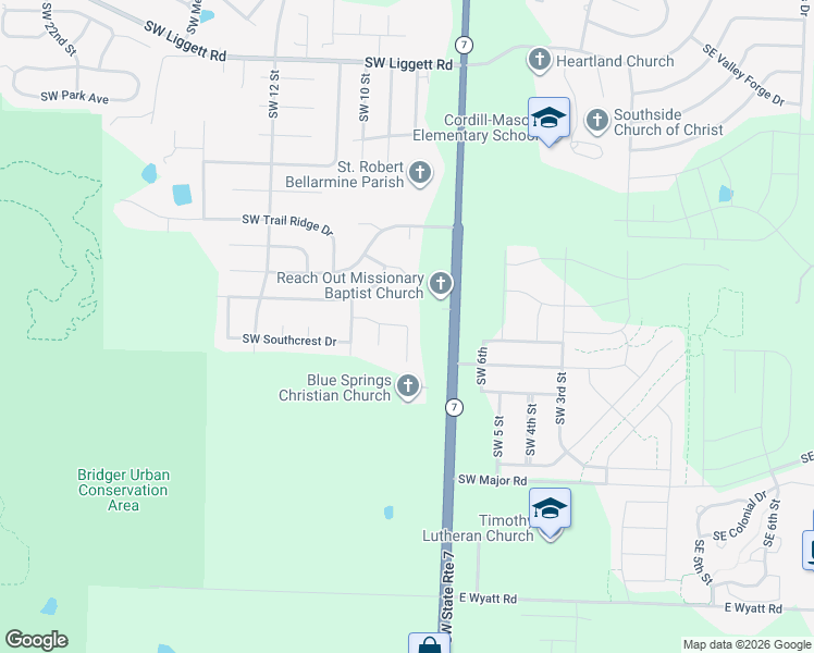 map of restaurants, bars, coffee shops, grocery stores, and more near 4016 Southwest 8th Street in Blue Springs
