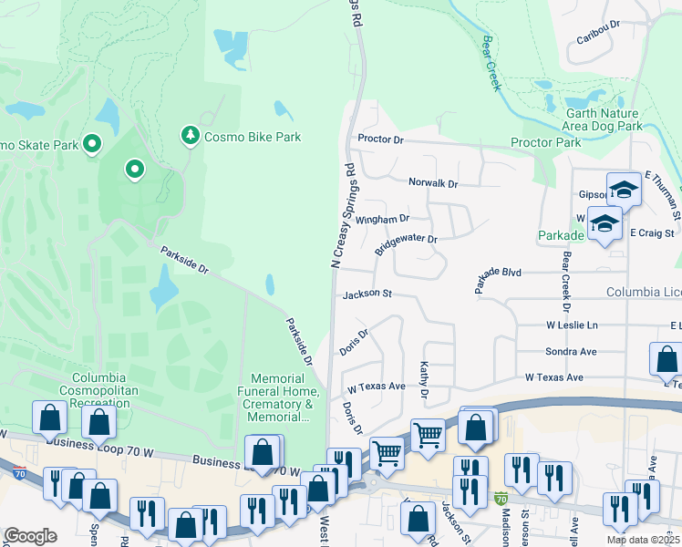 map of restaurants, bars, coffee shops, grocery stores, and more near 910 Remington Drive in Columbia