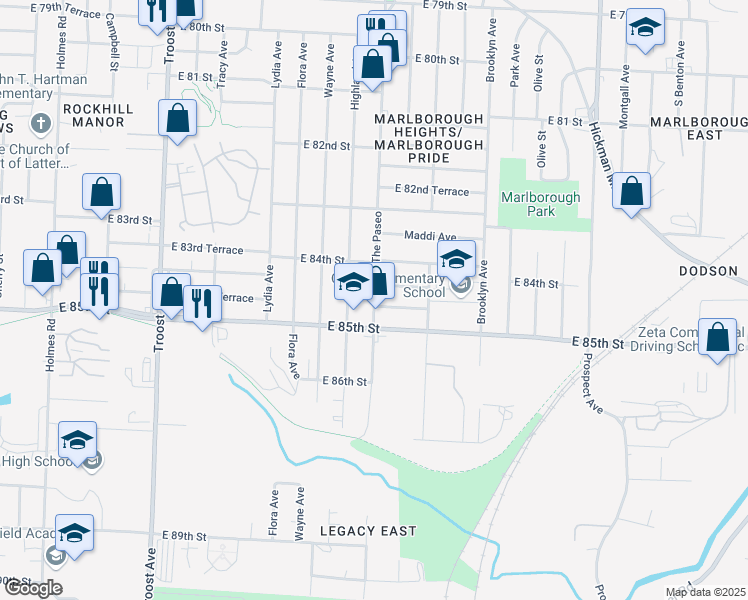 map of restaurants, bars, coffee shops, grocery stores, and more near 8434 The Paseo in Kansas City