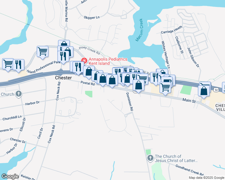 map of restaurants, bars, coffee shops, grocery stores, and more near 1630 Postal Road in Chester