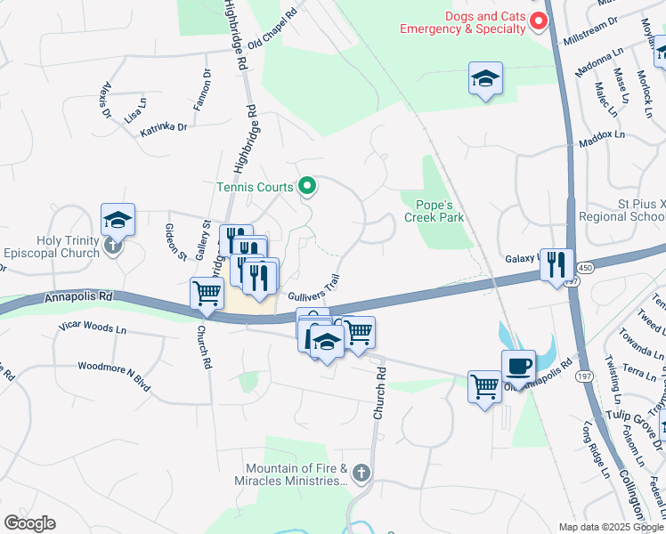 map of restaurants, bars, coffee shops, grocery stores, and more near 14011 Gullivers Trail in Bowie