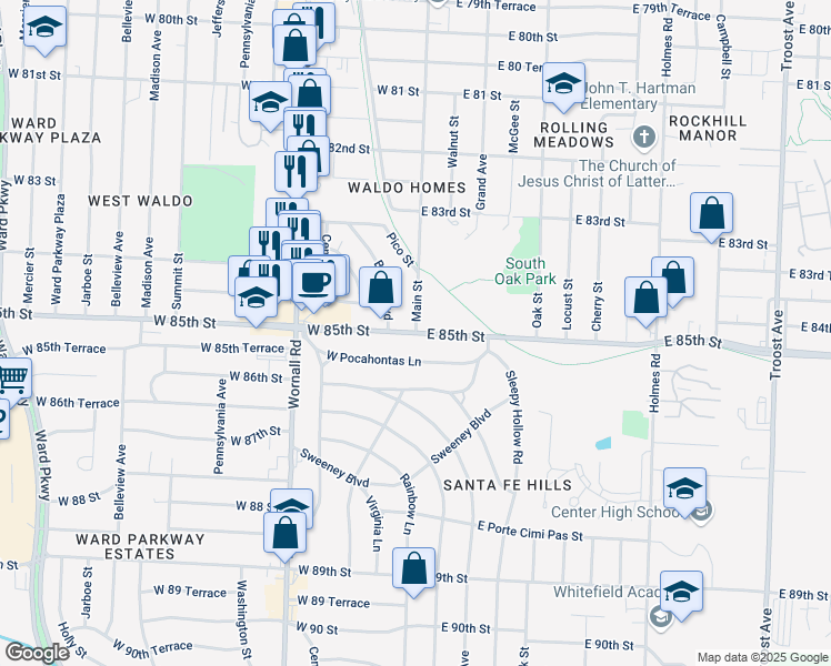 map of restaurants, bars, coffee shops, grocery stores, and more near 8541 Main Street in Kansas City