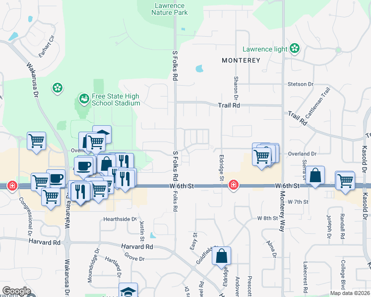 map of restaurants, bars, coffee shops, grocery stores, and more near Pasadena Drive in Lawrence
