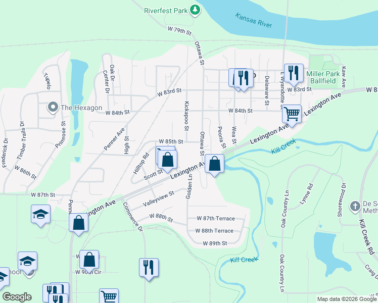 map of restaurants, bars, coffee shops, grocery stores, and more near 8520 Ottawa Street in De Soto