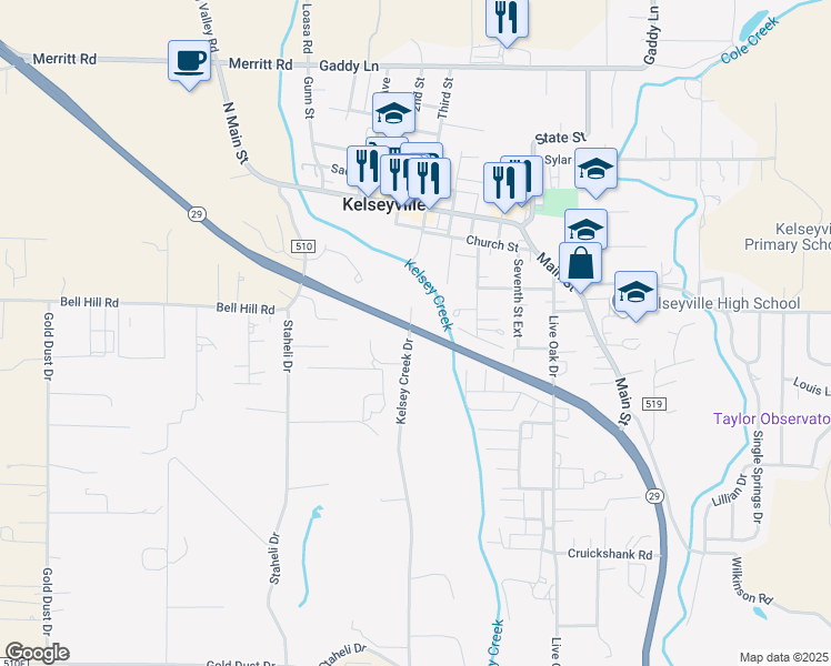 map of restaurants, bars, coffee shops, grocery stores, and more near 5650 Kelsey Creek Drive in Kelseyville