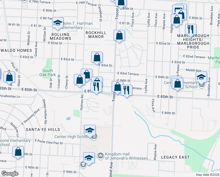 map of restaurants, bars, coffee shops, grocery stores, and more near 1025 East 84th Terrace in Kansas City