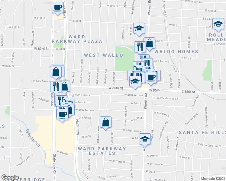 map of restaurants, bars, coffee shops, grocery stores, and more near 818 West 85th Street in Kansas City
