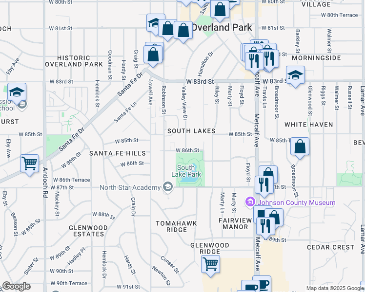 map of restaurants, bars, coffee shops, grocery stores, and more near 8514 Valley View Drive in Overland Park