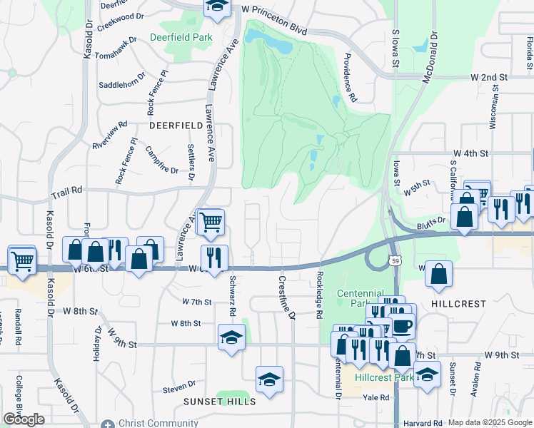 map of restaurants, bars, coffee shops, grocery stores, and more near 400-528 Graystone Drive in Lawrence
