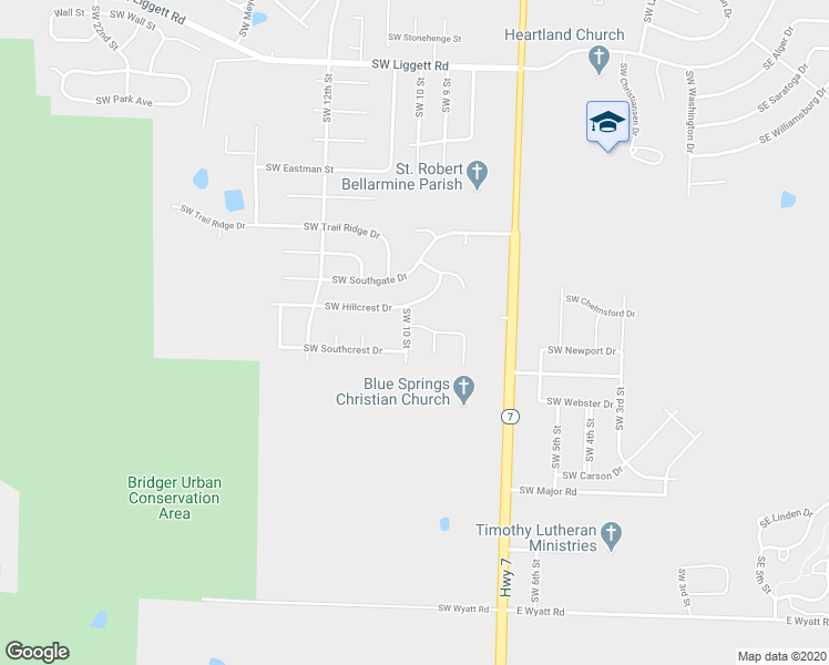 map of restaurants, bars, coffee shops, grocery stores, and more near 910 Southwest Hillcrest Lane in Blue Springs