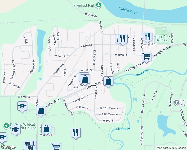 map of restaurants, bars, coffee shops, grocery stores, and more near 33525 West 85th Street in De Soto
