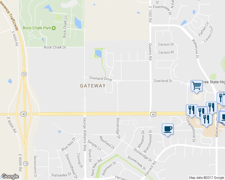 map of restaurants, bars, coffee shops, grocery stores, and more near 5614 Chimney Rocks Circle in Lawrence
