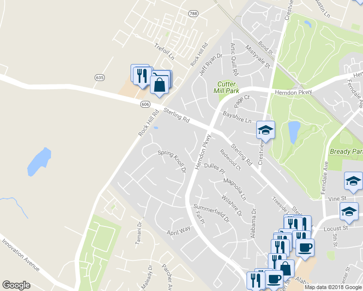 map of restaurants, bars, coffee shops, grocery stores, and more near 1415 Dulles Place in Herndon